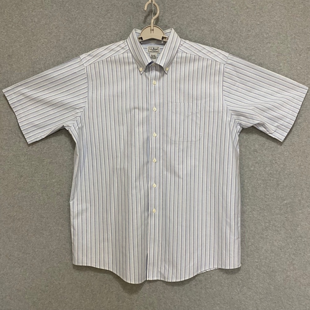 LL BEAN Men's 16.5 REG Shirt Blue White Stripe Cotton Button Down Short Sleeve - Picture 1 of 8